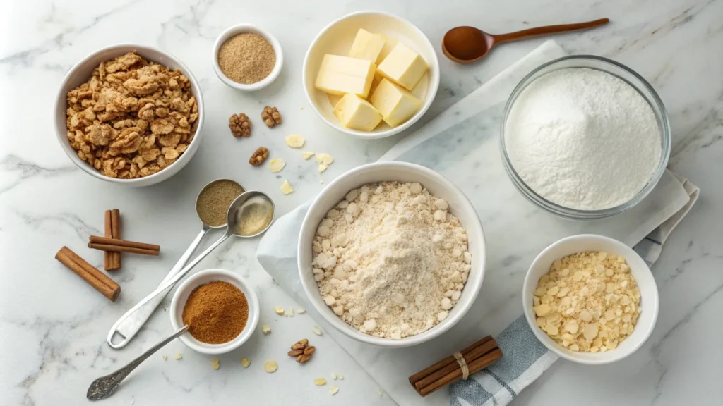 Ingredients for crumble and streusel toppings, including flour, sugar, butter, oats, and cinnamon, arranged neatly on a marble surface.