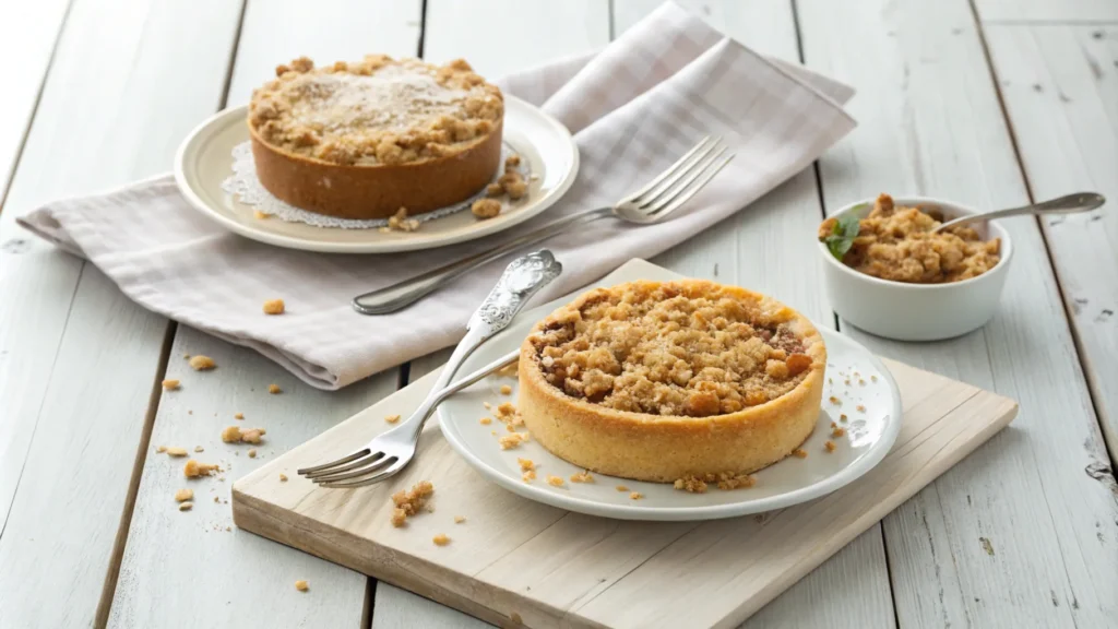 Two baked desserts side by side: one with a chunky crumble topping and another with a finer streusel topping.