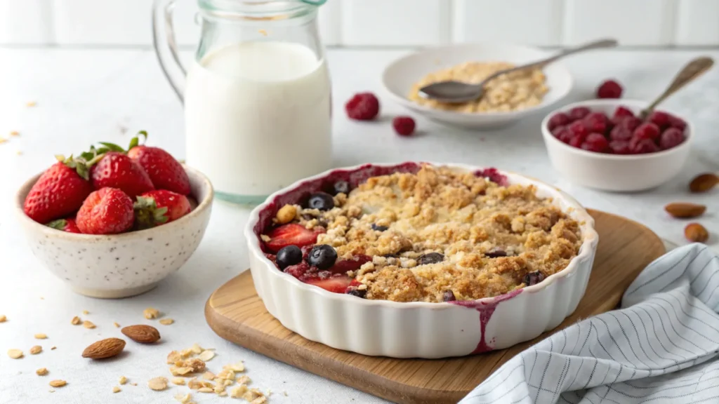 gluten-free crumble dessert in a baking dish, topped with oats and almond flour, with fresh berries on the side.