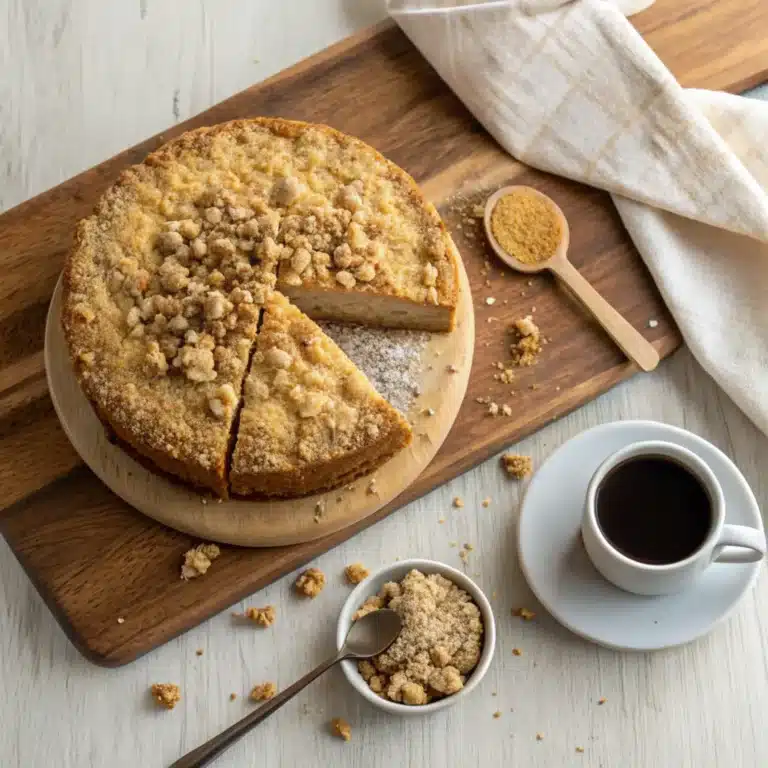 A coffee cake with streusel topping on a wooden board, styled with coffee and a linen napkin.