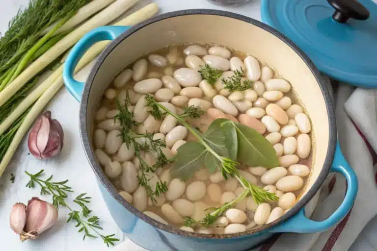 A pot of soaking white beans with fresh herbs, demonstrating Why Do We Soak Beans Before Stewing? to improve texture and flavor.