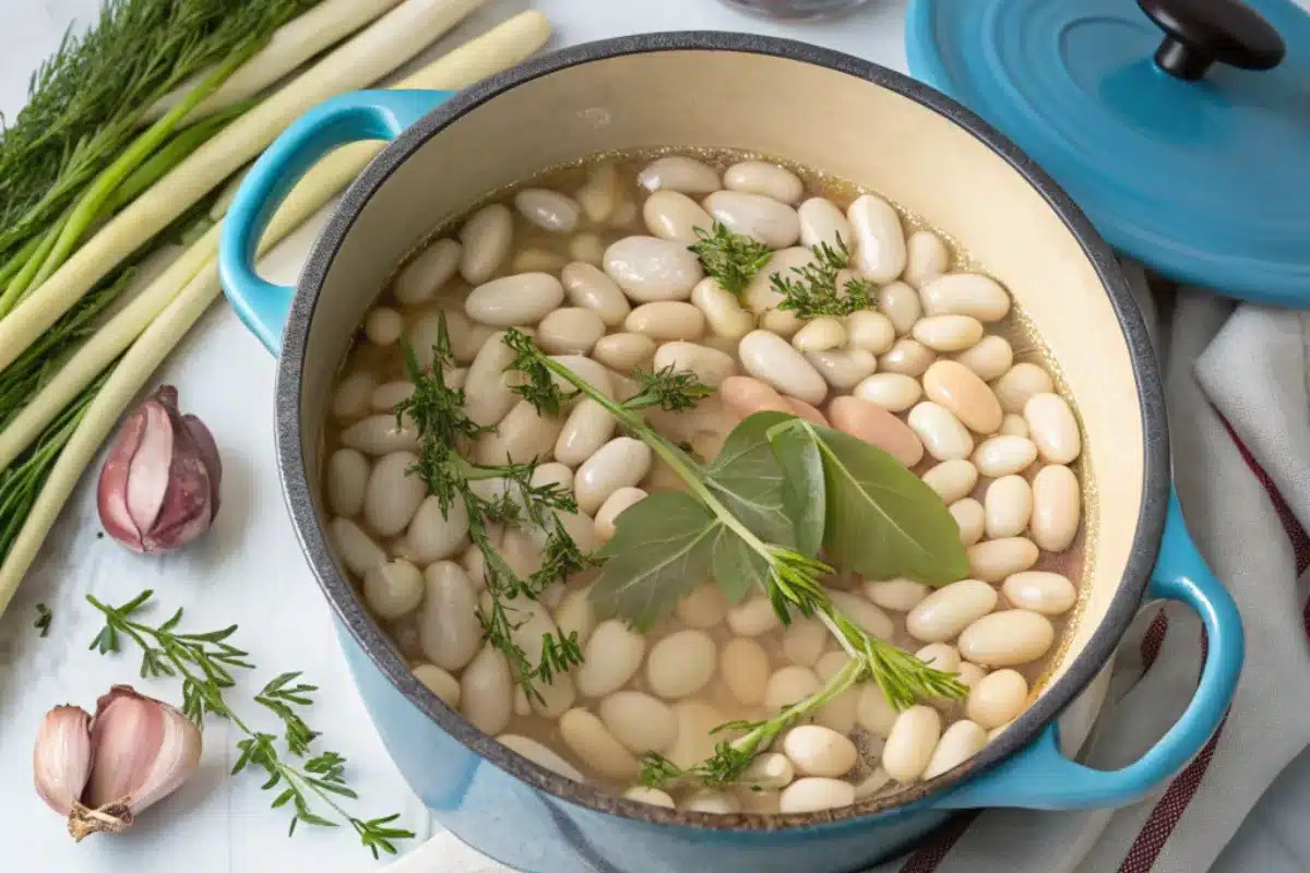 A pot of soaking white beans with fresh herbs, demonstrating Why Do We Soak Beans Before Stewing? to improve texture and flavor.
