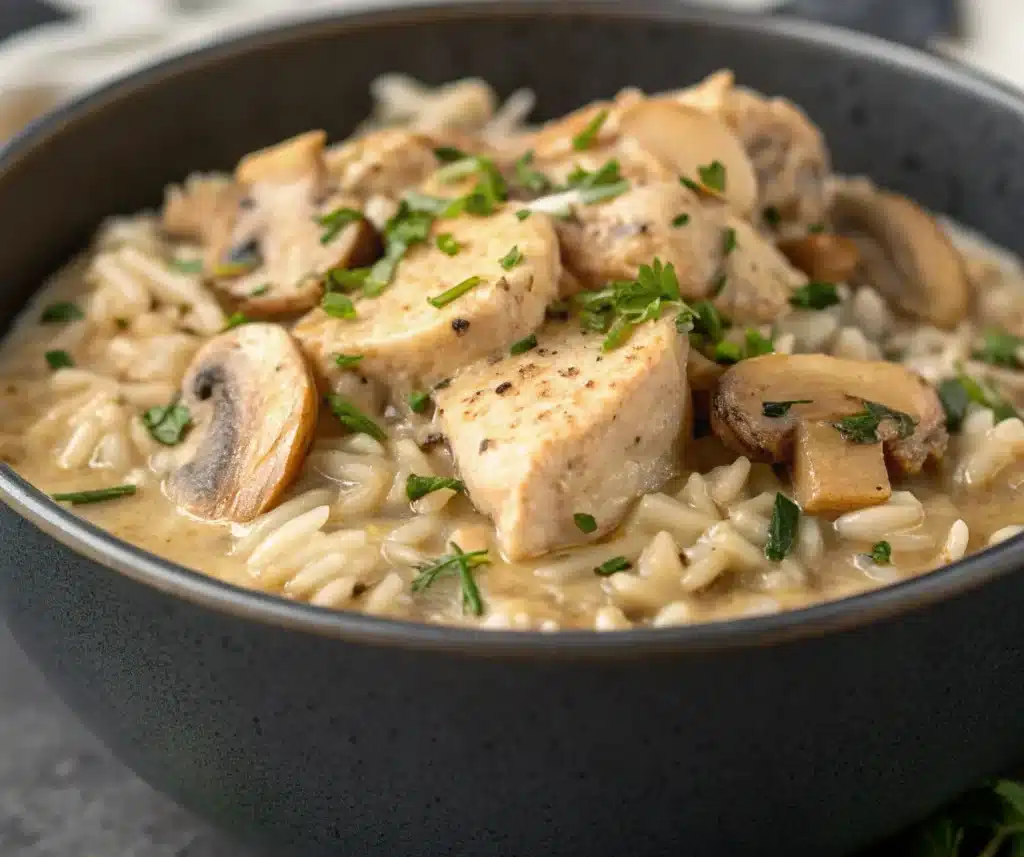 Cream of Mushroom Chicken and Rice casserole, baked golden and garnished with parsley in a white dish.