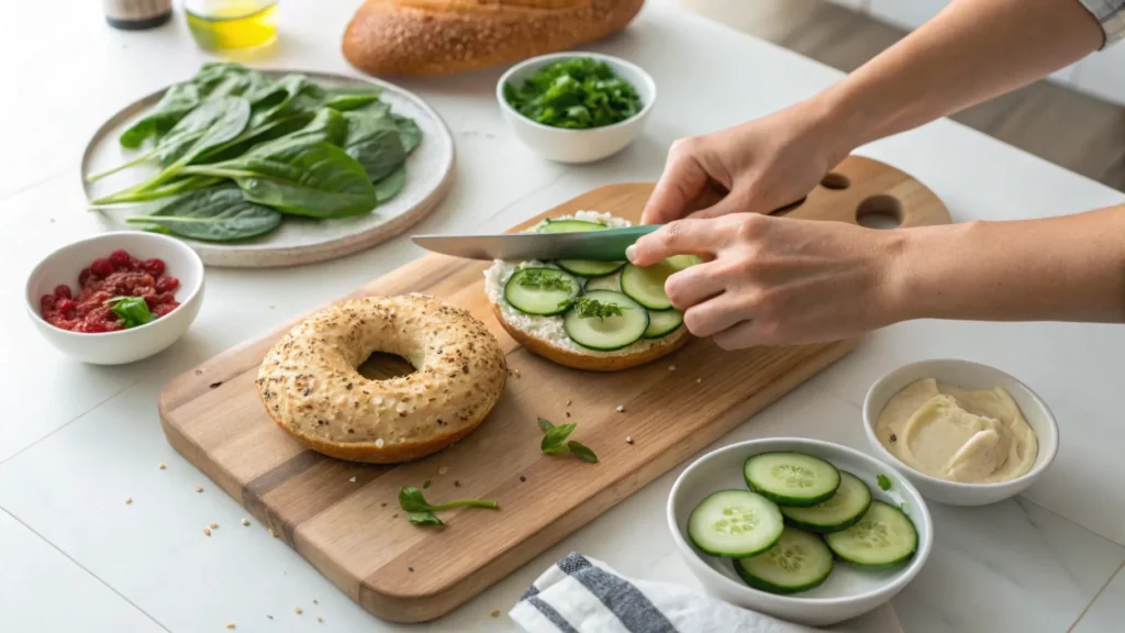 A whole-grain bagel being sliced on a cutting board with healthy toppings like hummus, Greek yogurt, and cucumbers.