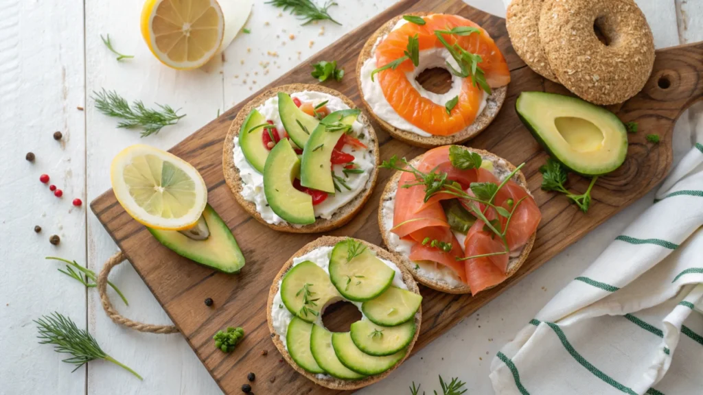 A variety of bagels with toppings like smoked salmon, spinach, and tomatoes served with a glass of orange juice.
