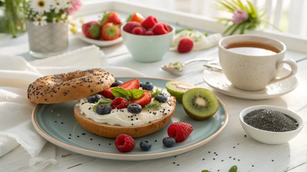 A seeded bagel with cream cheese and fresh berries on a breakfast table with green tea and chia seeds.