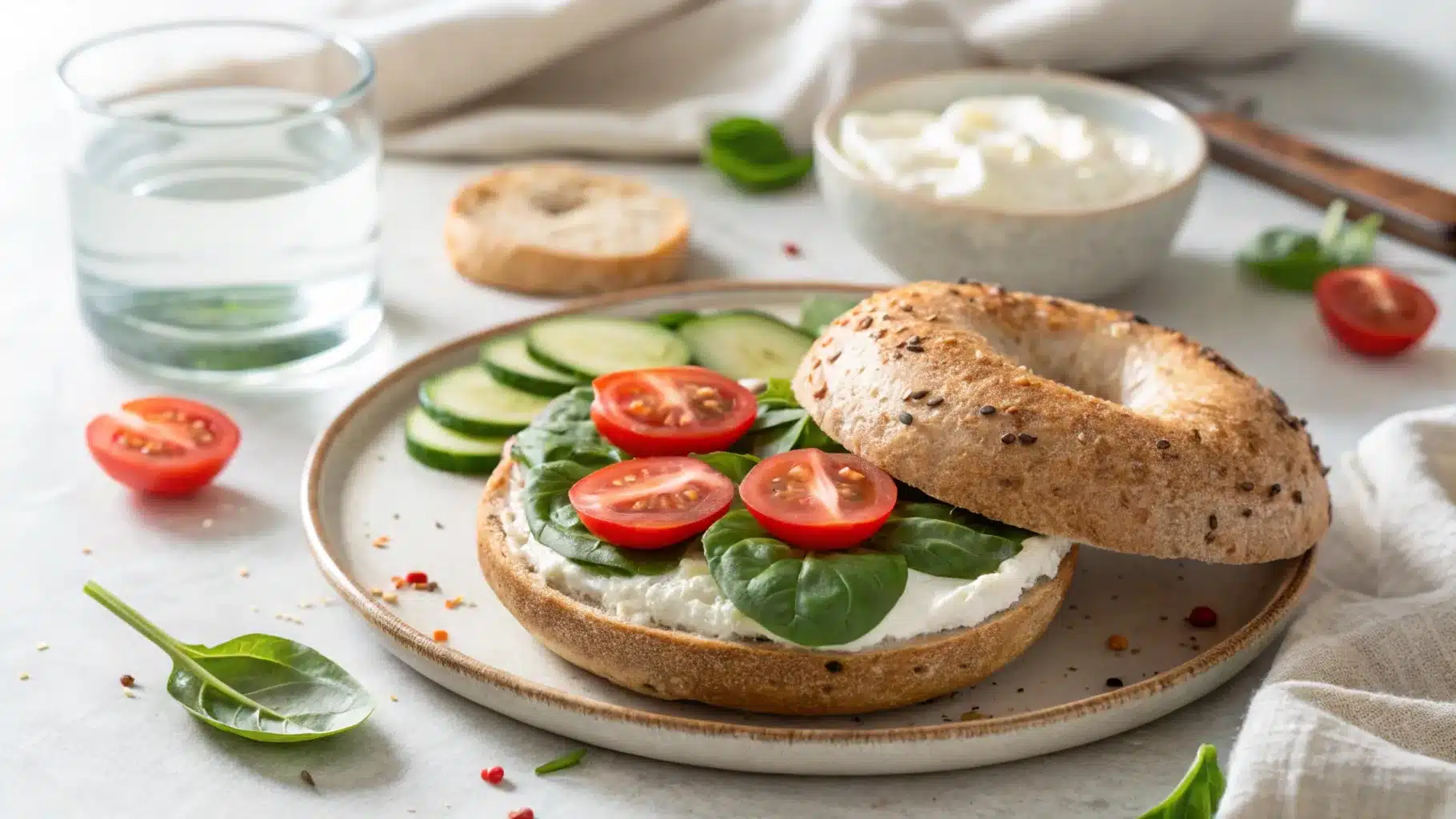 A whole-grain bagel with cream cheese, avocado, and chia seeds on a white plate with mixed greens.