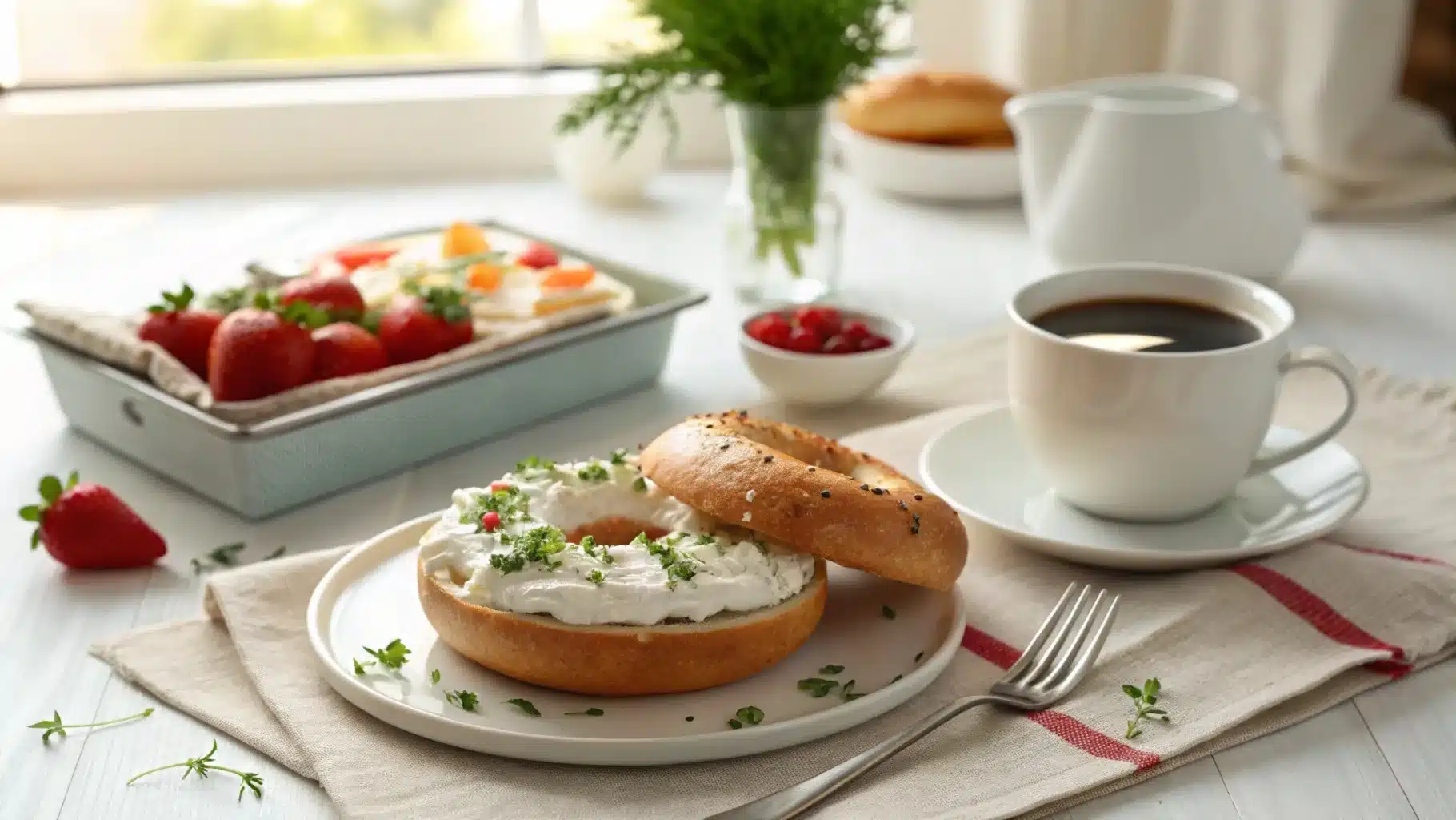 A plate with a bagel topped with cream cheese and fresh herbs, served with coffee and fruit on a breakfast table.