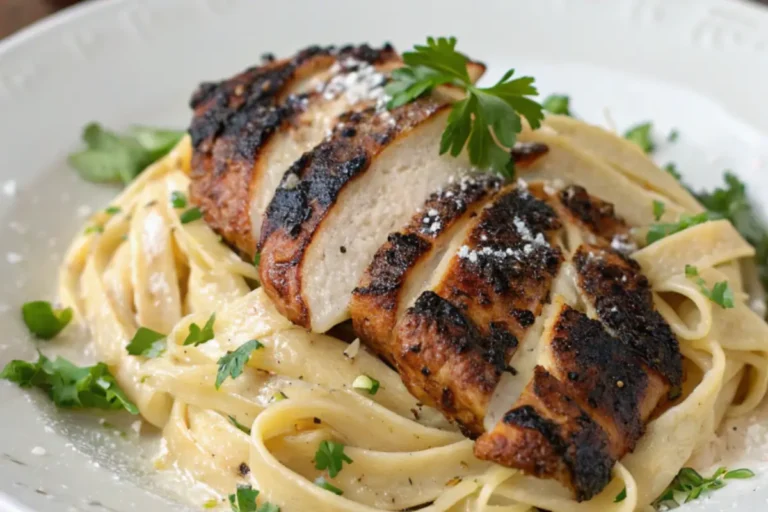 A plate of fettuccine pasta topped with creamy Alfredo sauce and slices of Cajun-style blackened chicken, garnished with fresh parsley
