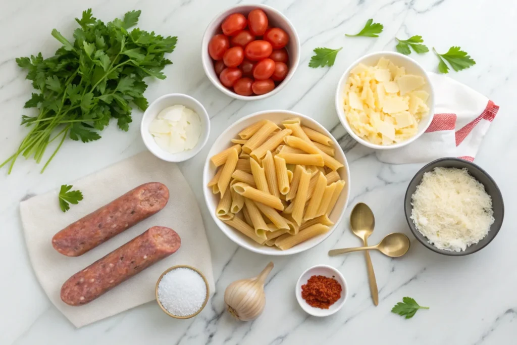 Ingredients for Cajun sausage pasta, including sausage, pasta, tomatoes, cream, and spices, on a marble counter.