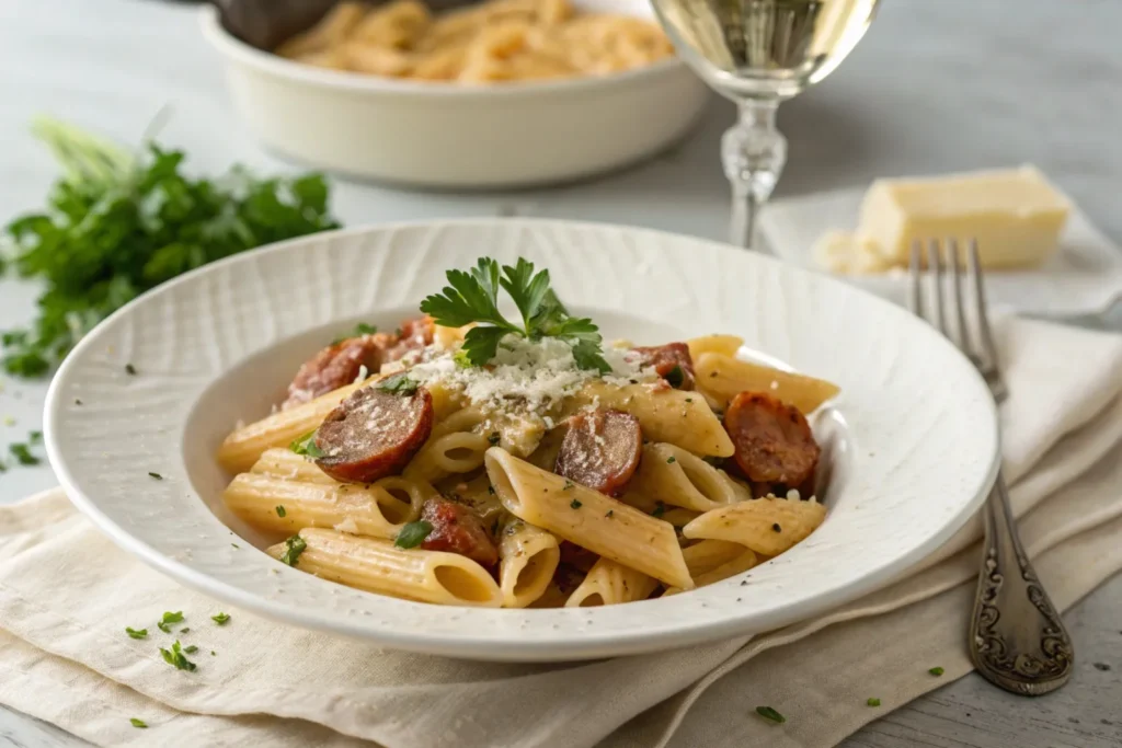 A plated portion of creamy Cajun sausage pasta garnished with parsley and Parmesan, served with white wine.