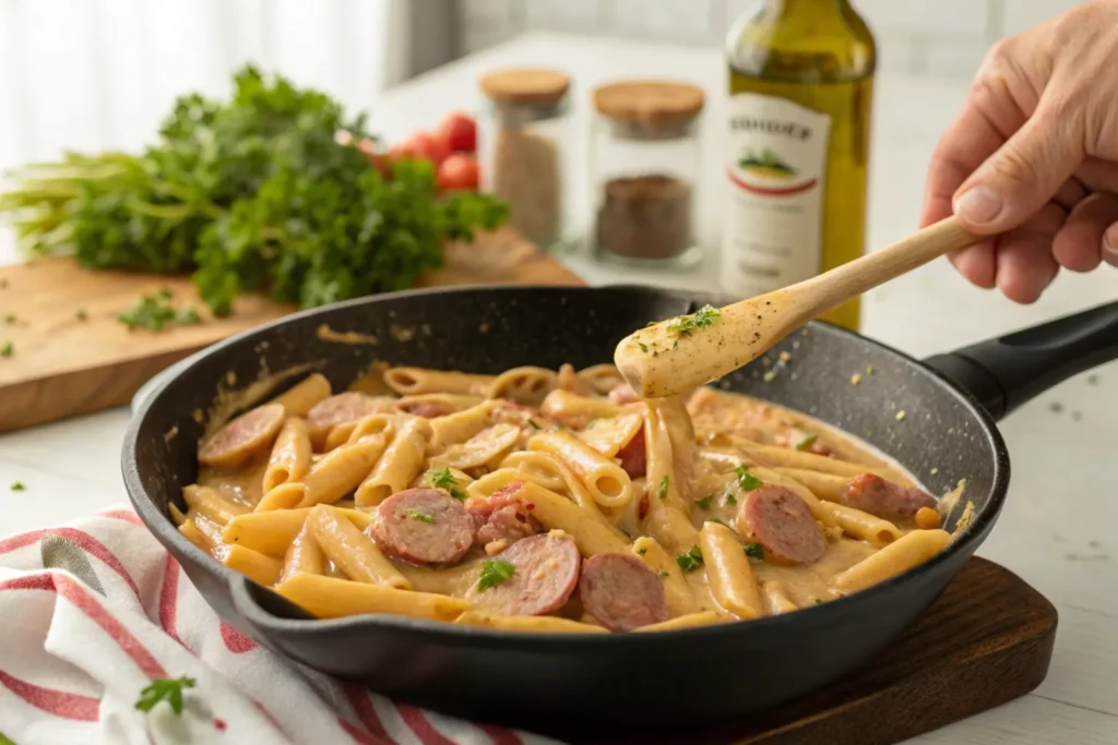 Hands stirring creamy Cajun sausage pasta in a skillet on a stovetop, with fresh ingredients nearby.
