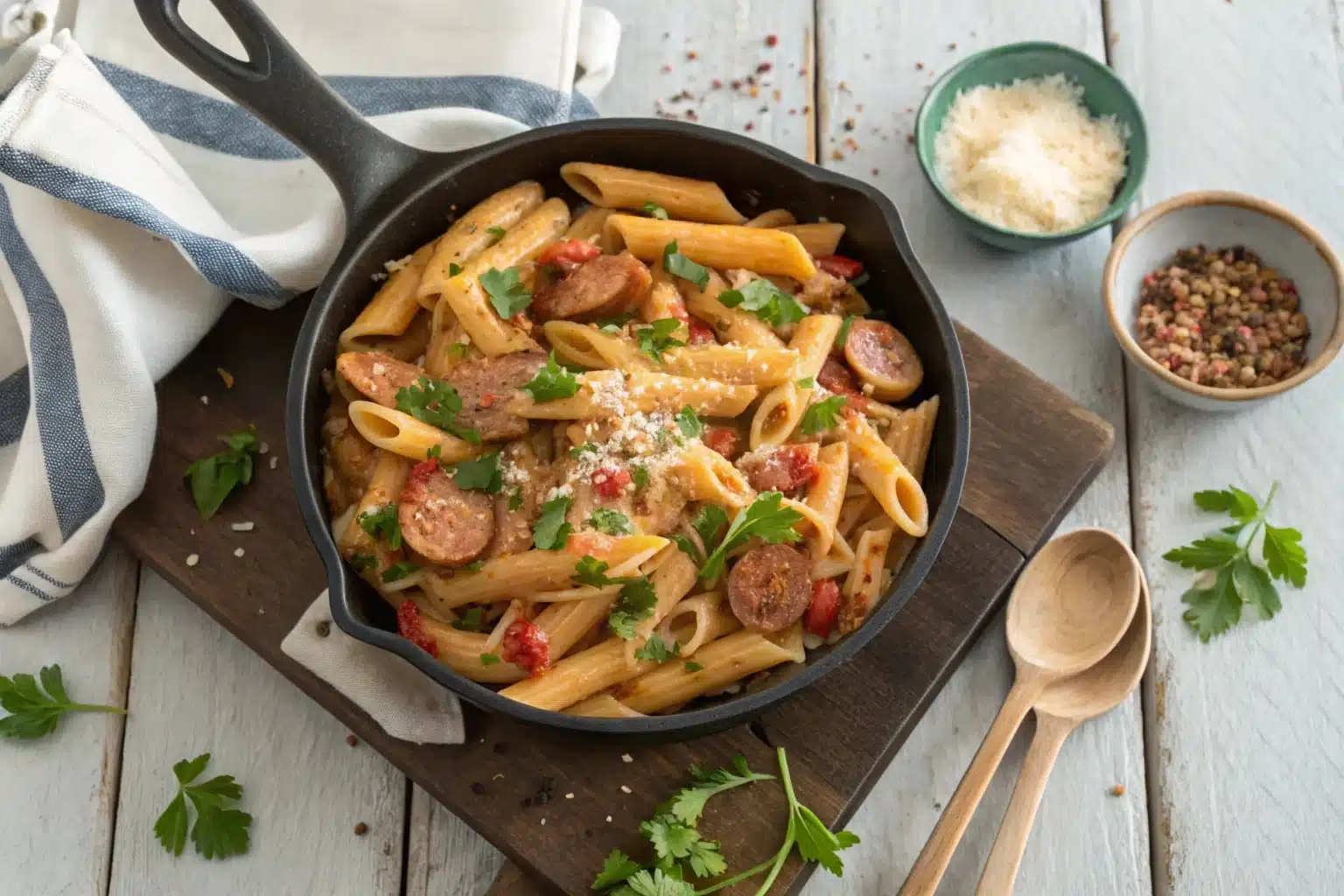 A skillet of creamy Cajun sausage pasta garnished with parsley and Parmesan on a rustic table.