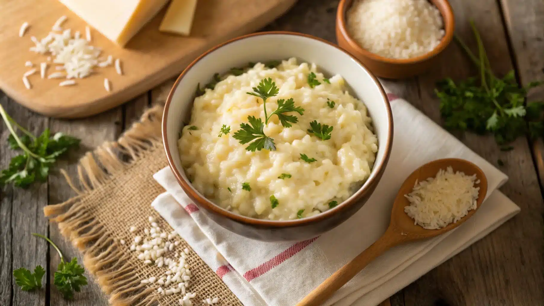 Bowl of creamy cheesy rice garnished with parsley on a rustic wooden table.