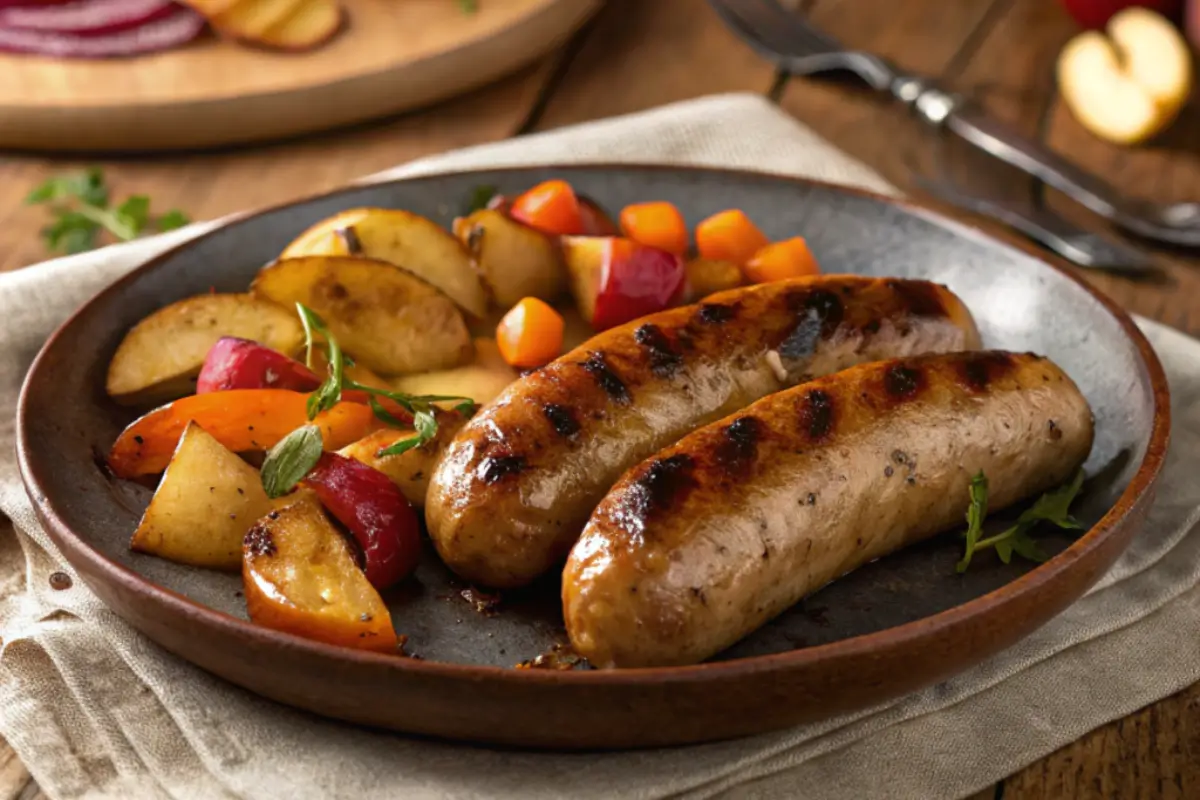 Grilled chicken apple sausage served with roasted vegetables and a drizzle of maple glaze on a rustic wooden plate.