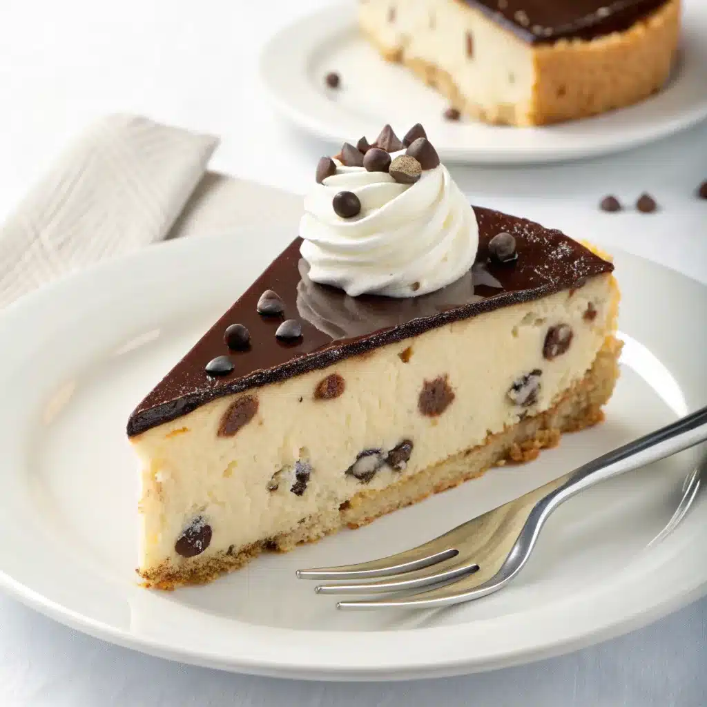 chocolate-chip-cheesecake-slice-with-ganache-whipped-cream-and-chocolate-chips-on-a-white-plate