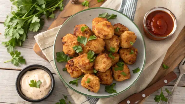 Golden brown air fryer chicken bites on a plate with parsley garnish and dipping sauce.