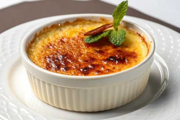 Crab brulee served in a white ramekin, topped with a golden caramelized crust, garnished with fresh parsley and paprika, placed on a rustic wooden table.