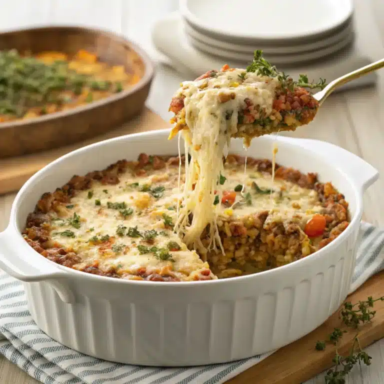 A bowl of French onion soup rice topped with melted cheese and caramelized onions, garnished with fresh parsley.