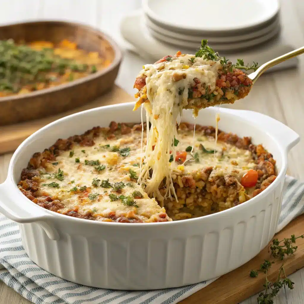 A bowl of French onion soup rice topped with melted cheese and caramelized onions, garnished with fresh parsley.