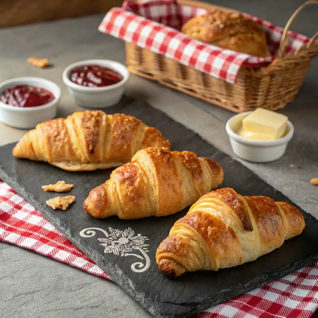 Freshly baked Gipfeli pastries on a wooden table, golden brown and topped with slivered almonds, perfect for breakfast or brunch