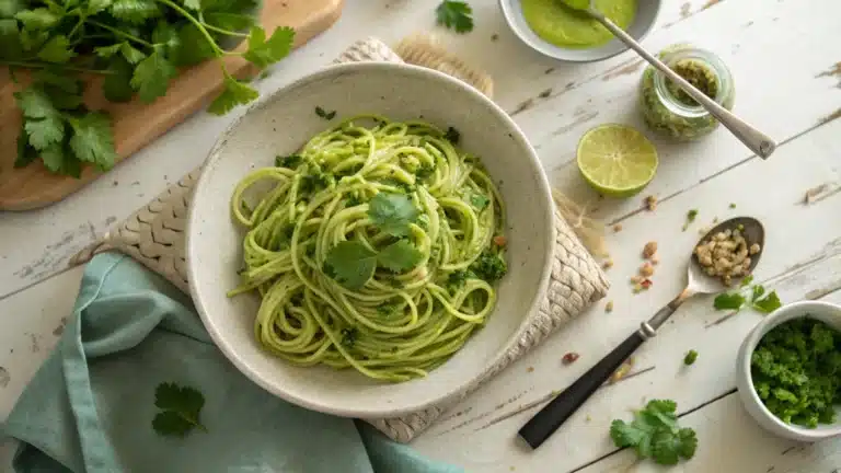 Vibrant green spaghetti topped with cilantro and queso fresco, served in a rustic bowl