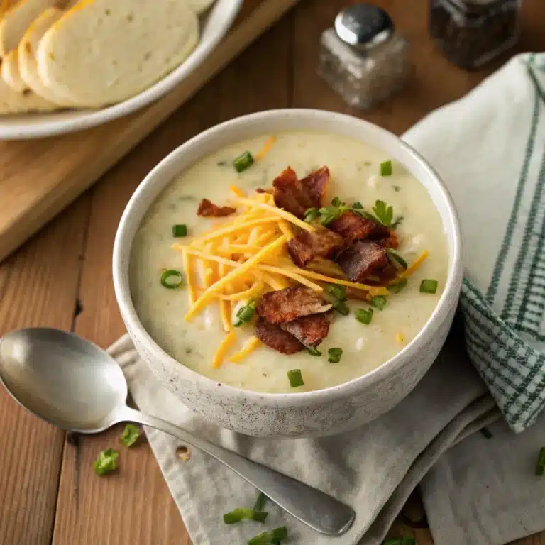 Creamy hash brown potato soup garnished with cheese, bacon, and green onions in a rustic bowl.