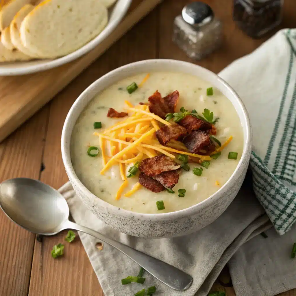 Creamy hash brown potato soup garnished with cheese, bacon, and green onions in a rustic bowl.