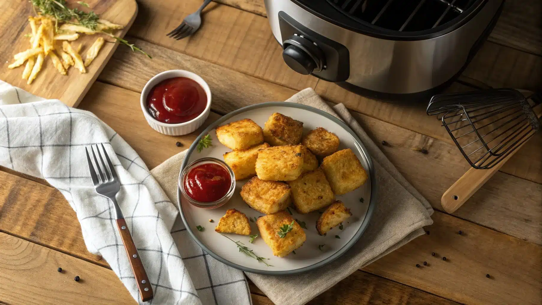 Plate of golden, crispy hash browns with ketchup on a wooden table.