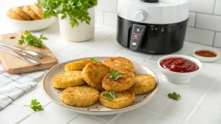Overhead shot of crispy, golden-brown hash browns served with ketchup on a white plate beside an air fryer.