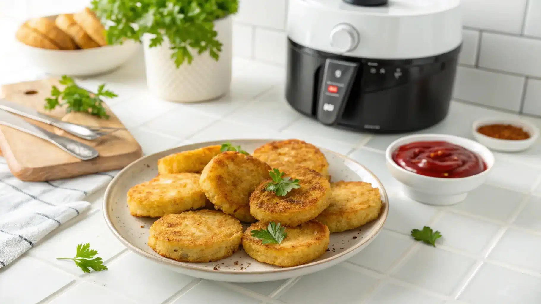 Overhead shot of crispy, golden-brown hash browns served with ketchup on a white plate beside an air fryer.