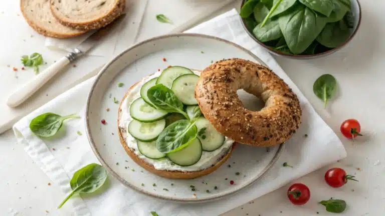 A whole-grain bagel with cream cheese, spinach, and cucumbers on a ceramic plate with cherry tomatoes.