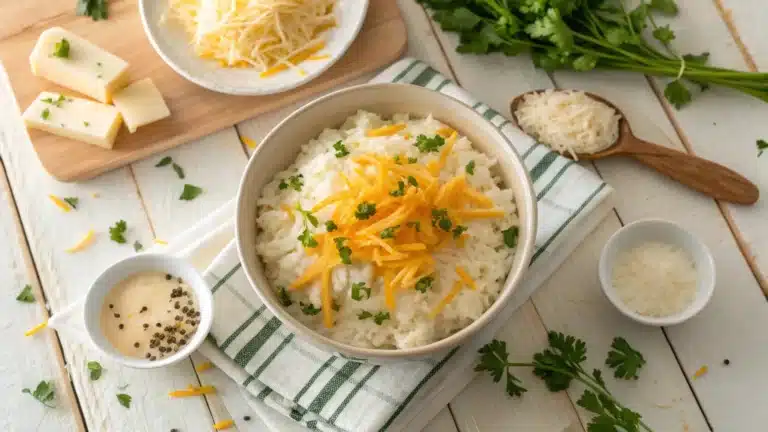 A bowl of cheesy white rice topped with shredded cheddar and parsley, surrounded by small bowls of ingredients.