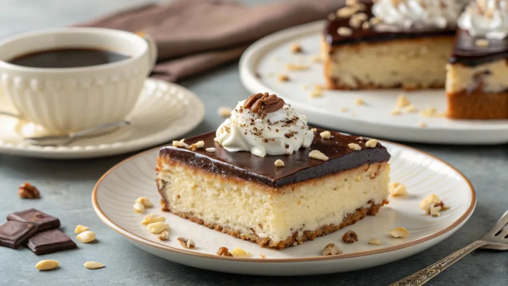 A slice of kefir sheet cake with chocolate glaze, served with whipped cream and chopped nuts.