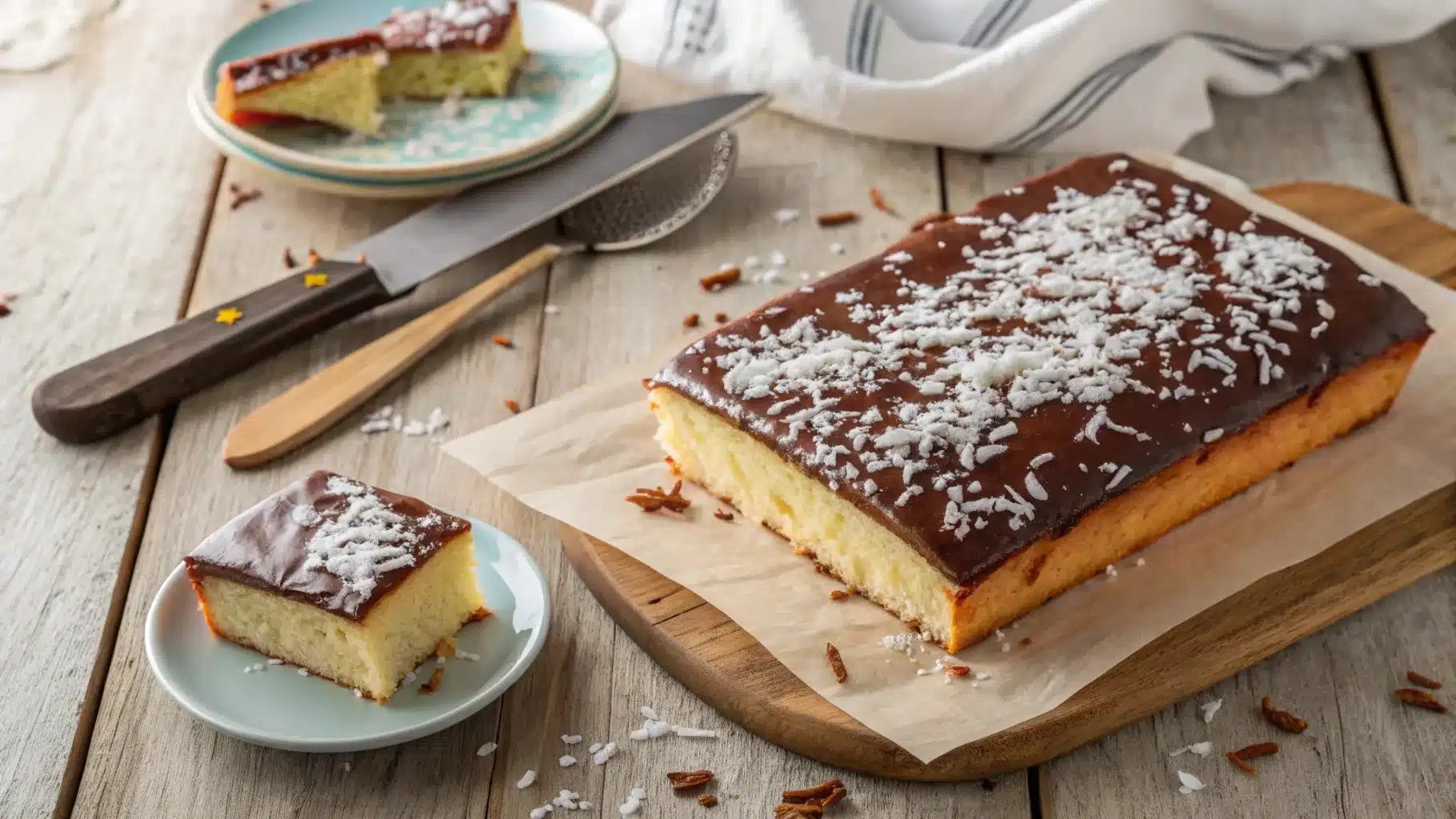 A freshly baked kefir sheet cake topped with chocolate glaze and shredded coconut.