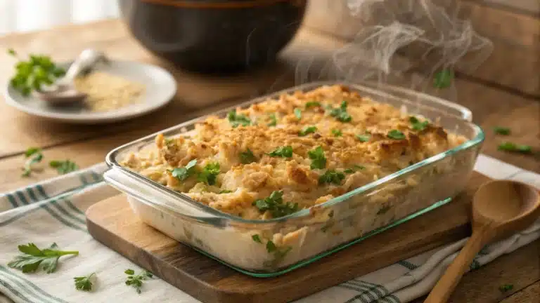 Million Dollar Chicken Casserole with a golden, crispy topping in a glass dish.