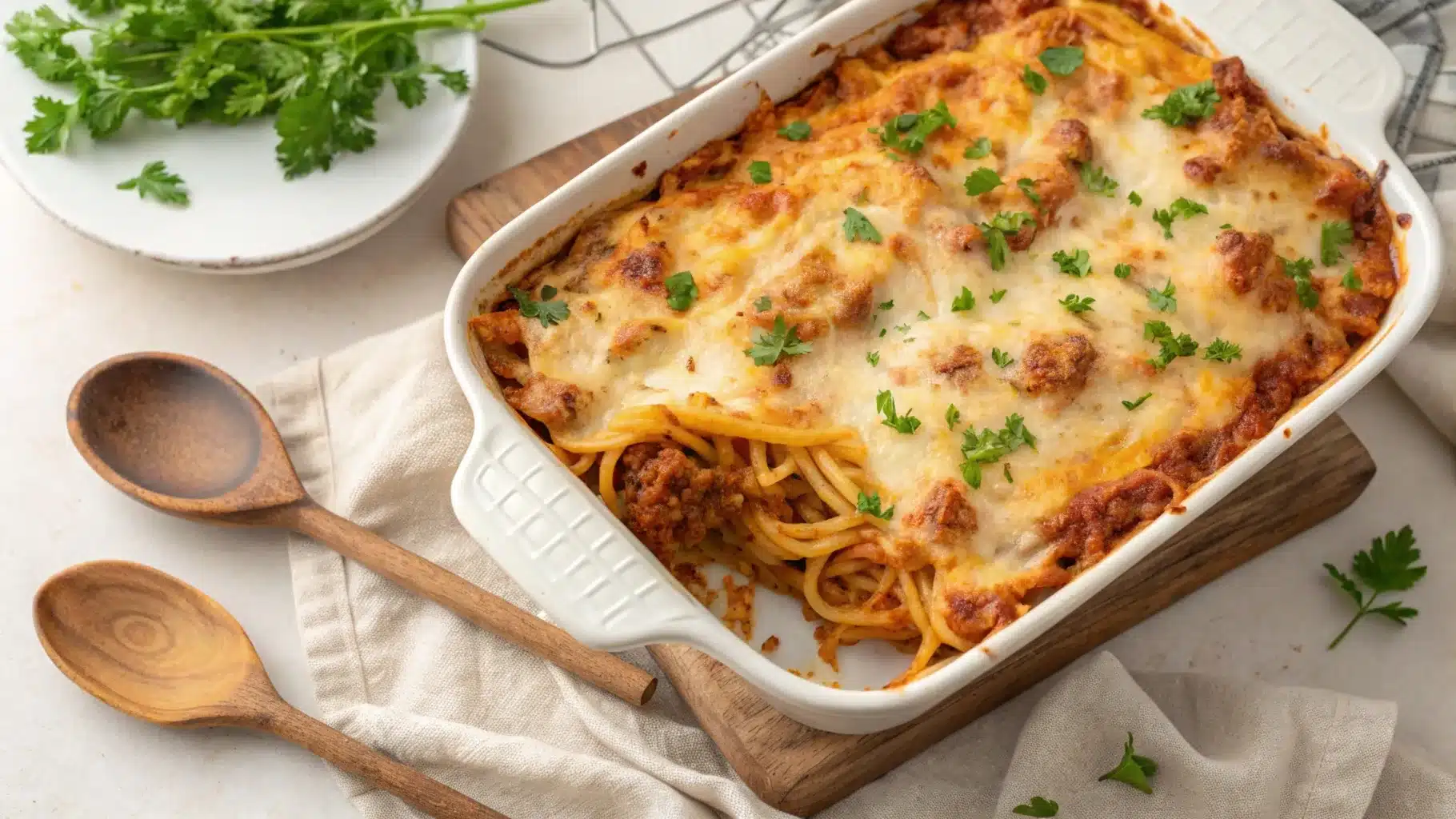 A bubbling million dollar spaghetti casserole with golden cheese and fresh parsley in a white baking dish.