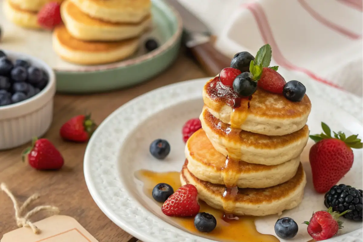 Golden mini pancakes served with fresh fruits and syrup on a white plate