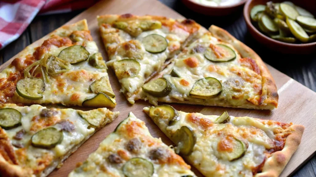 A freshly baked pickle pizza topped with melted cheese and sliced pickles, served on a wooden board.