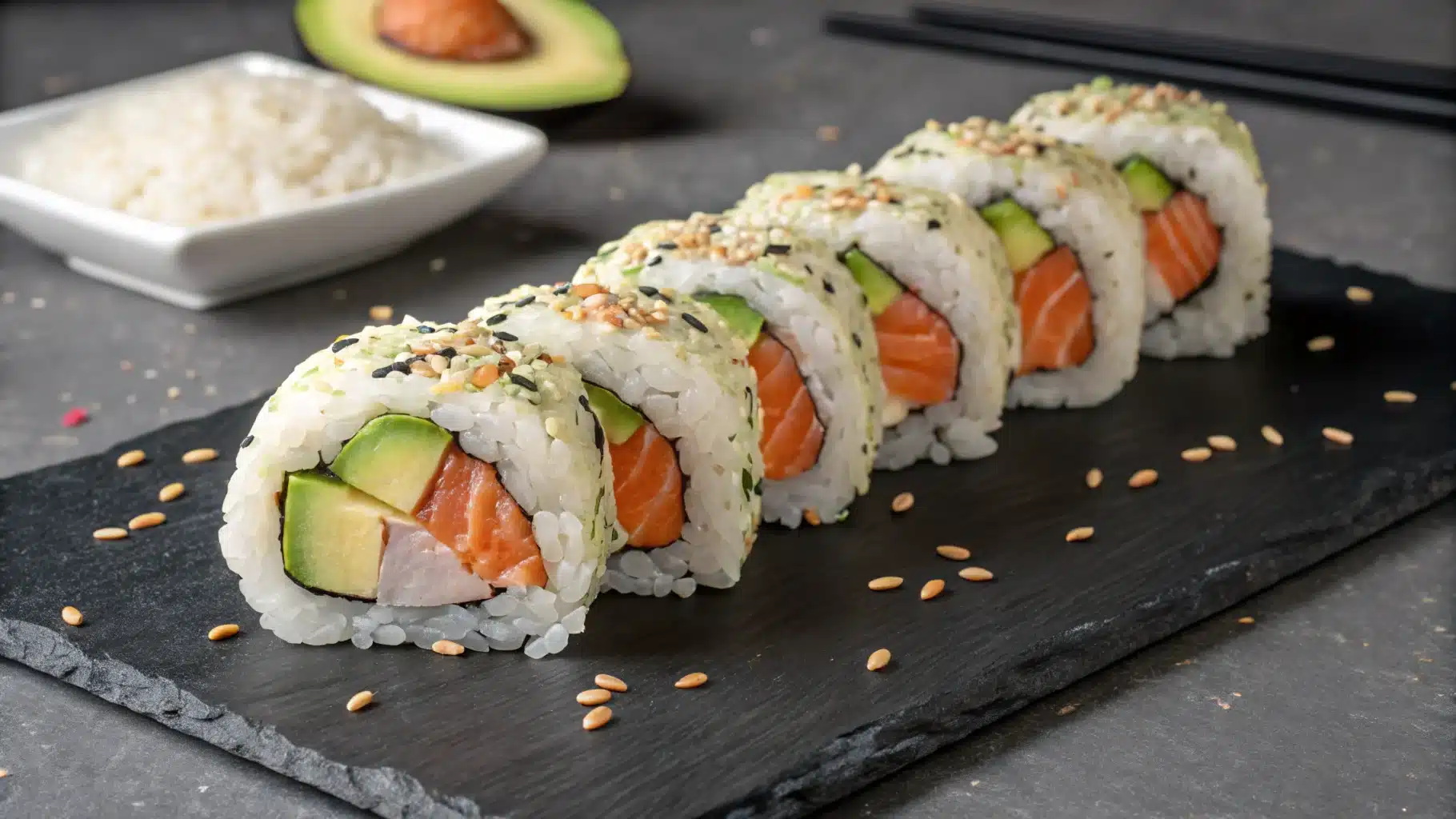 A sliced salmon avocado roll garnished with sesame seeds, served on a black plate with soy sauce and chopsticks.