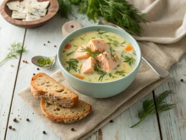 A close-up of creamy salmon soup garnished with fresh dill and served with crusty bread on a rustic table.