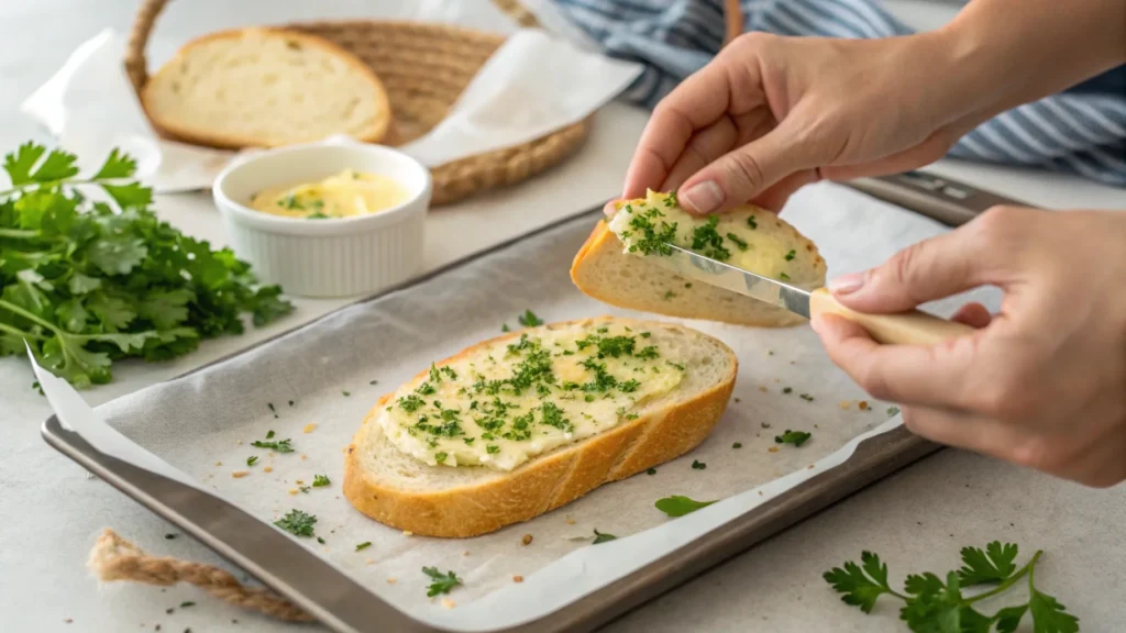 Hands spreading garlic butter on sourdough bread before baking.