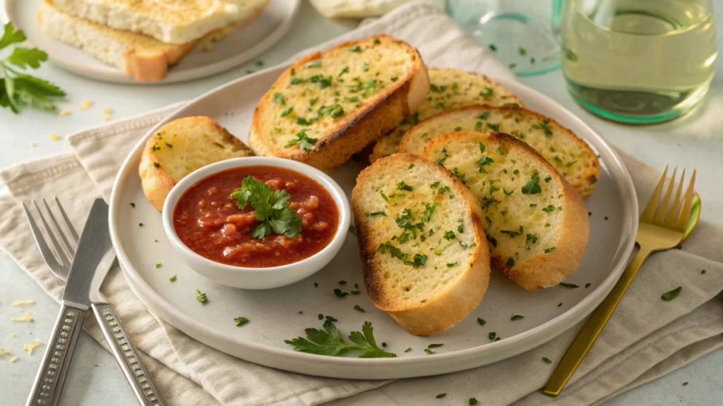 Golden-brown sourdough garlic bread slices served with marinara sauce and parsley.
