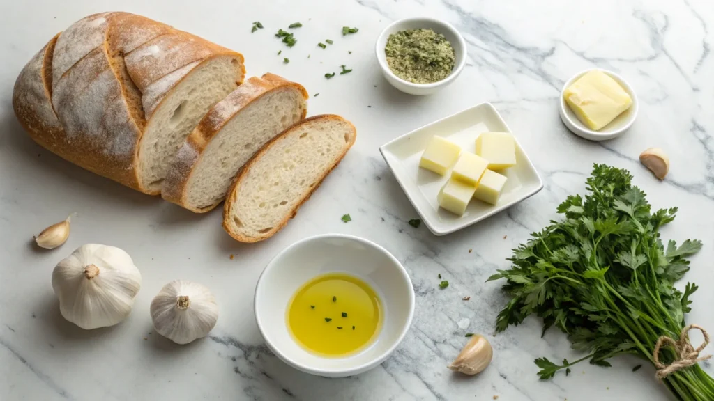 Ingredients for sourdough garlic bread on a marble countertop, including bread, garlic, butter, and parsley.
