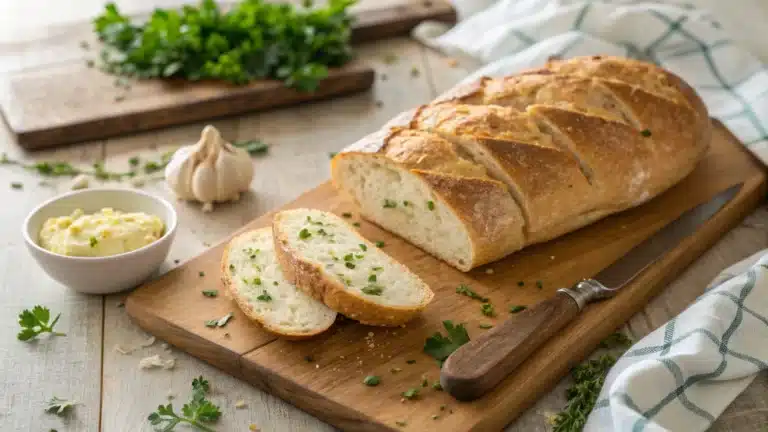 Freshly baked sourdough garlic bread sliced on a wooden board with garlic butter.