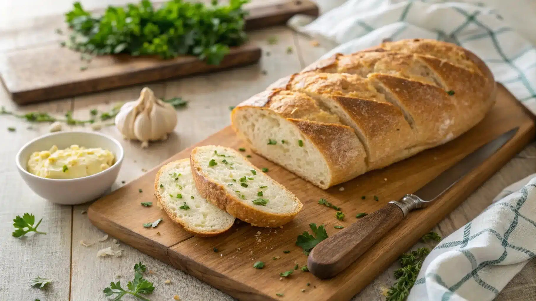 Freshly baked sourdough garlic bread sliced on a wooden board with garlic butter.