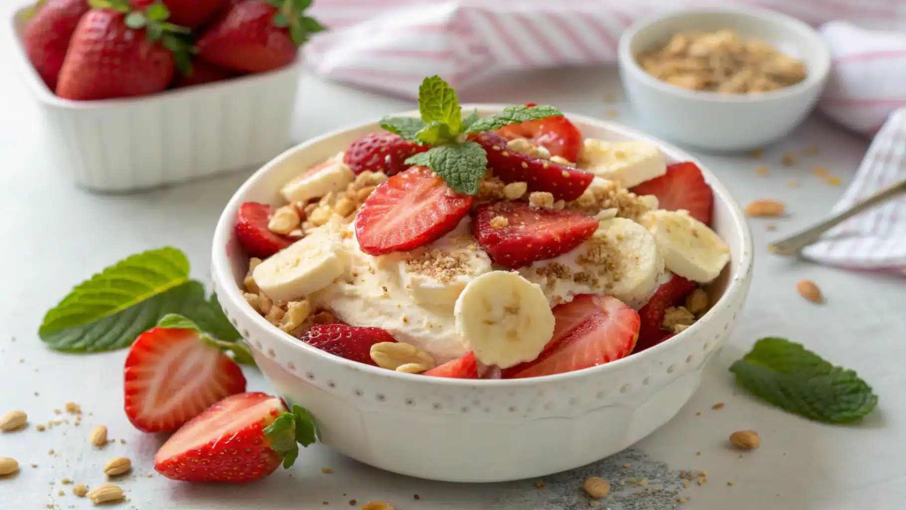 A bowl of strawberry banana cheesecake salad with fresh fruit and creamy filling, garnished with mint leaves