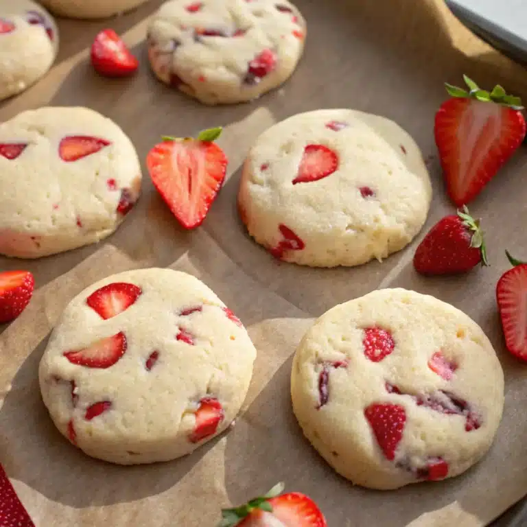 A plate of strawberry cheesecake cookies with white chocolate drizzle and fresh strawberries, surrounded by graham cracker crumbs.