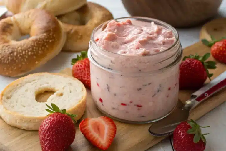 A toasted bagel spread with creamy strawberry cream cheese, featuring visible chunks of fresh strawberries,