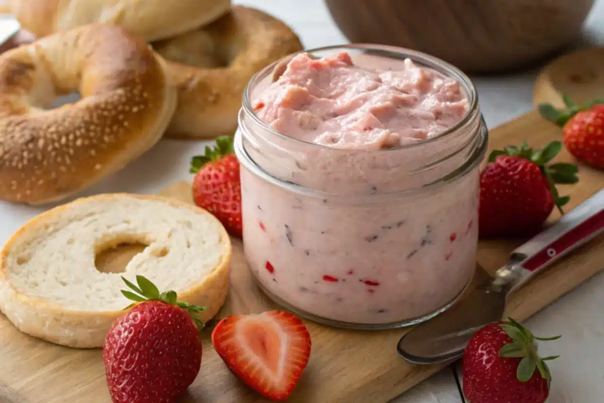 A toasted bagel spread with creamy strawberry cream cheese, featuring visible chunks of fresh strawberries,